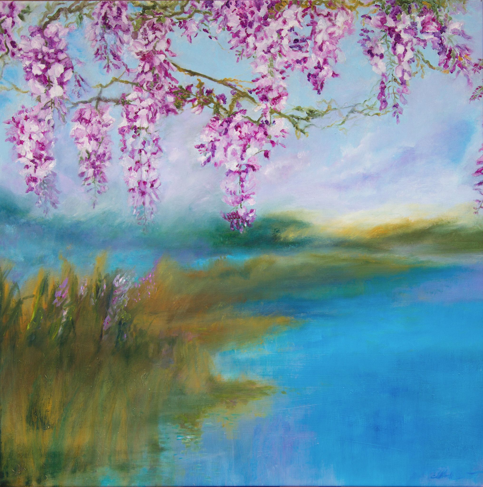 OIL ON CANVAS  MIRELLA SCOTTON " GLICINE SUL LAGO "  size  L 80 x H 80 cm.