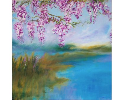 OIL ON CANVAS MIRELLA SCOTTON " GLICINE SUL LAGO " size L 80 x H 80 cm.