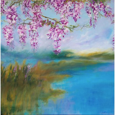 OLIO SU TELA MIRELLA SCOTTON " GLICINE SUL LAGO " dimensioni L 80 x H 80 cm.