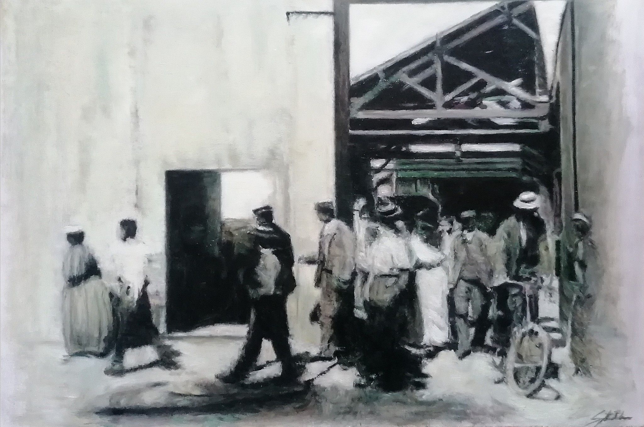 OLIO SU MASONITE  FABRIZIO SPATARO ' L 'USCITA DALLA FABRICA  '  dimensioni L 60 x H 40 cm.
