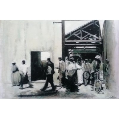 OLIO SU MASONITE FABRIZIO SPATARO ' L 'USCITA DALLA FABRICA ' dimensioni L 60 x H 40 cm.