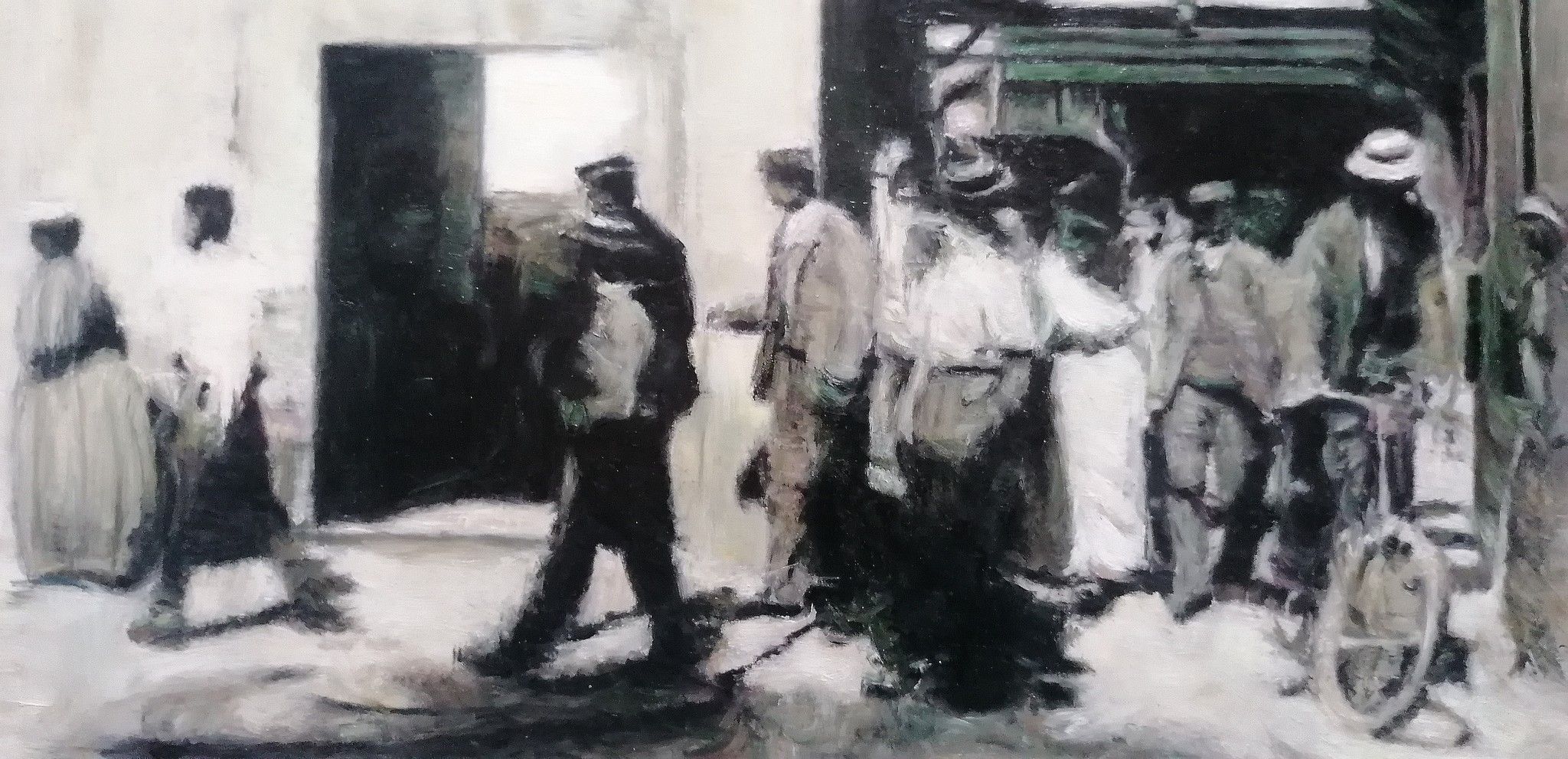 OLIO SU MASONITE  FABRIZIO SPATARO ' L 'USCITA DALLA FABRICA  '  dimensioni L 60 x H 40 cm.
