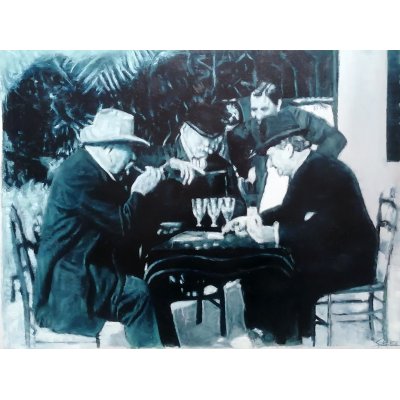 OLIO SU MASONITE FABRIZIO SPATARO ' LA PARTITA A CARTE ' dimensioni L 60 x H 45 cm.