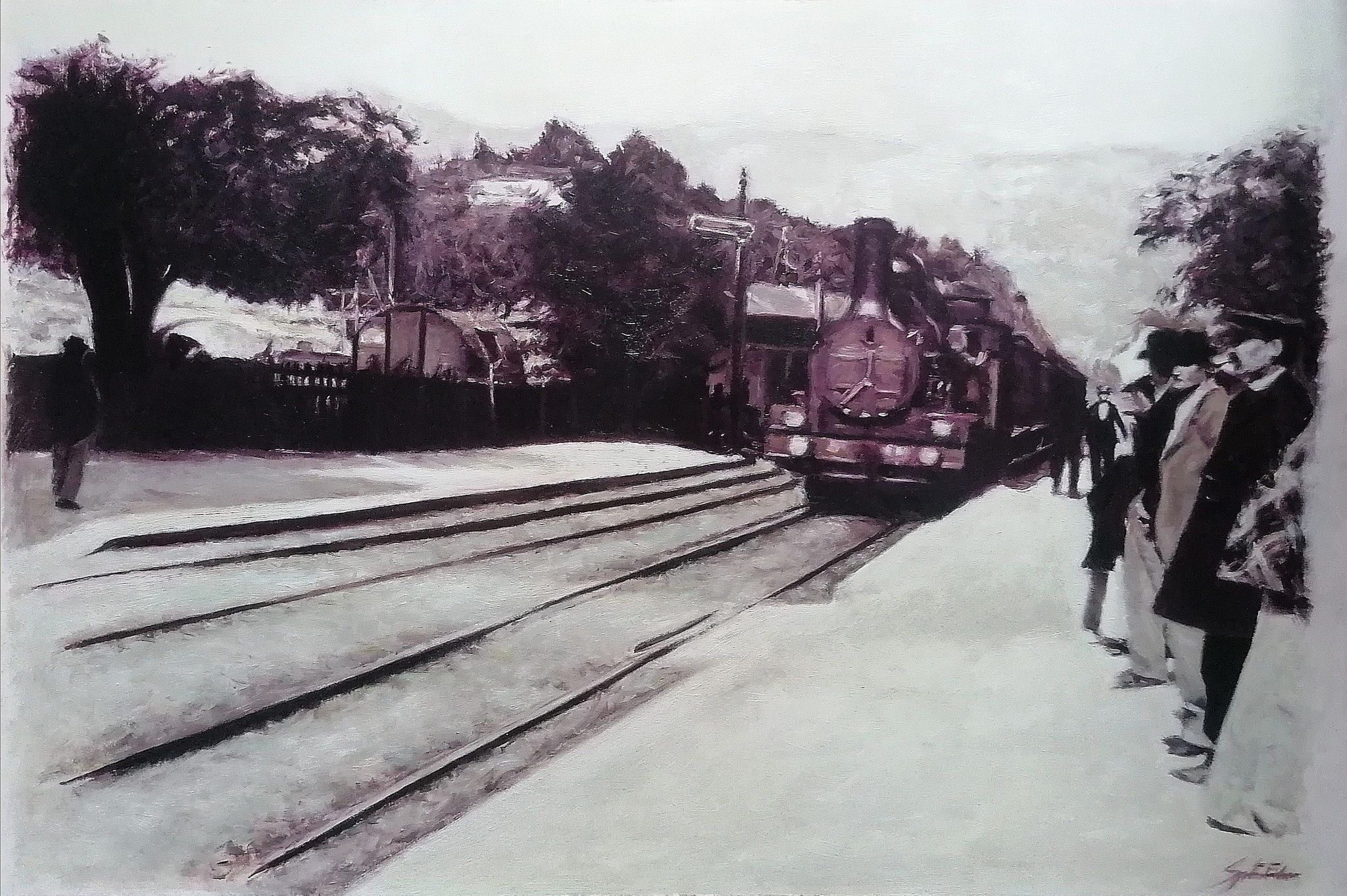 OLIO SU MASONITE  FABRIZIO SPATARO ' L 'ARRIVO DI UN TRENO ALLA STAZIONE DI LA CIOTAT '  dimensioni L 60 x H 40 cm.