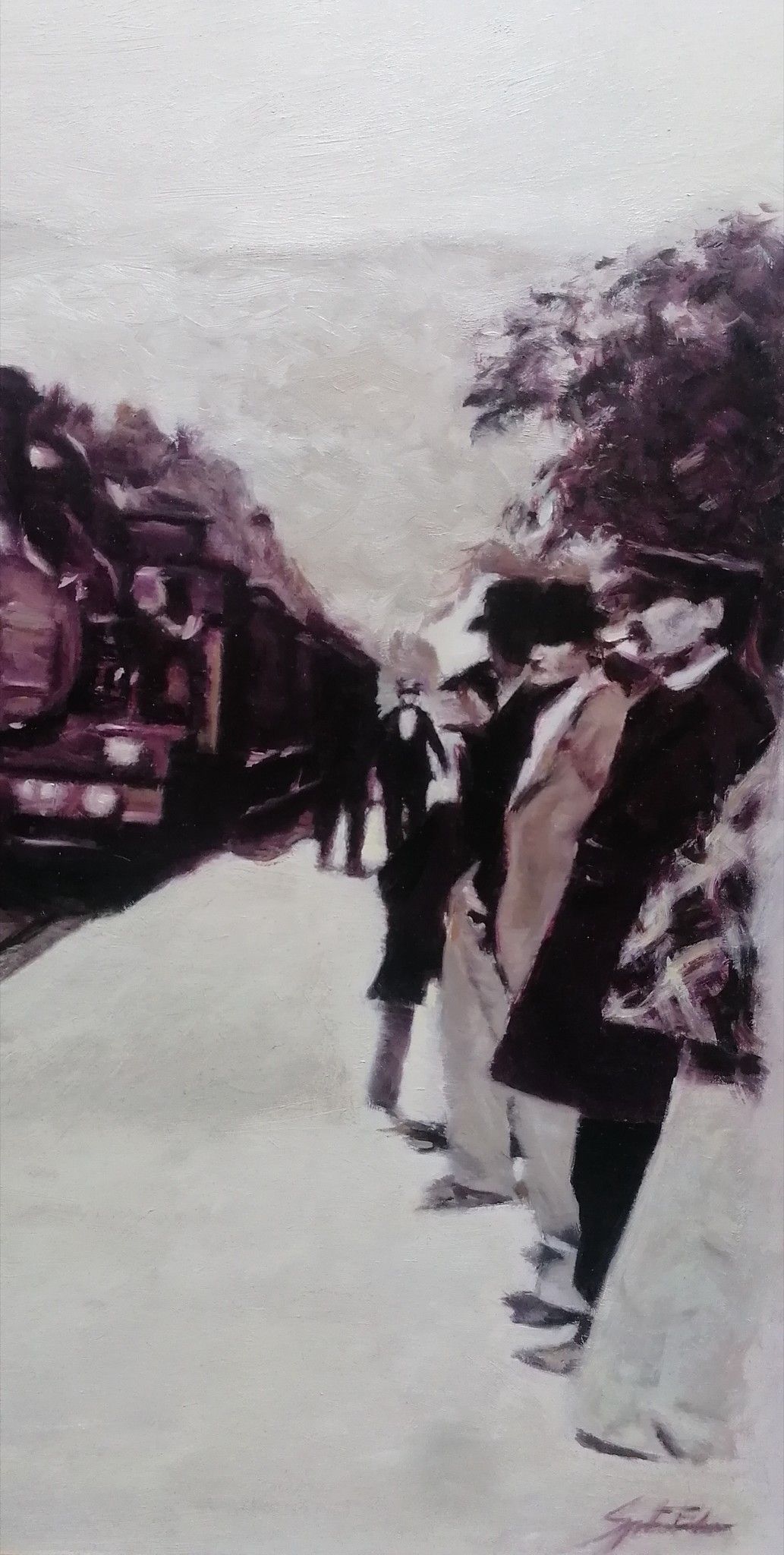 OLIO SU MASONITE  FABRIZIO SPATARO ' L 'ARRIVO DI UN TRENO ALLA STAZIONE DI LA CIOTAT '  dimensioni L 60 x H 40 cm.
