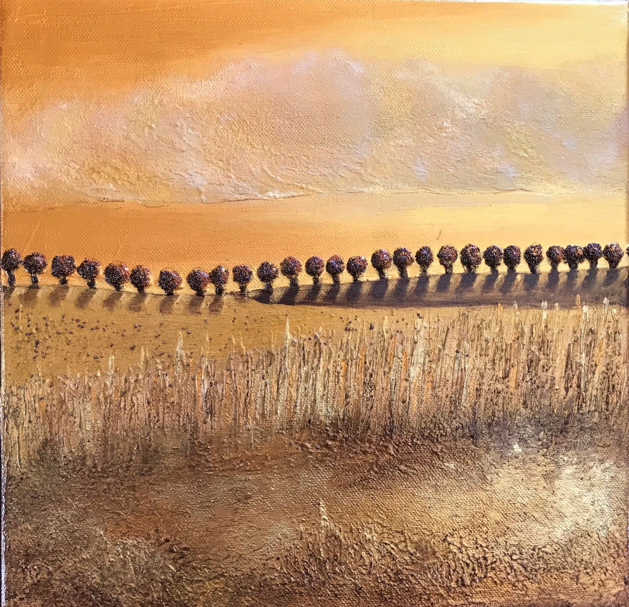 MIXED MEDIA ON CANVAS  LORENA PREMOLI ' GOLDEN HILLS '  size  L 30 x H 30 cm.