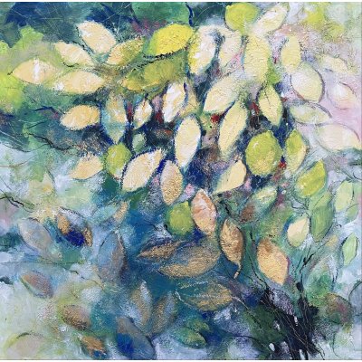 ACRILICO SU TAVOLA ALESSANDRO ANDREUCCETTI ' FOGLIE AL VENTO ' dimensioni L 60 x H 60 cm.