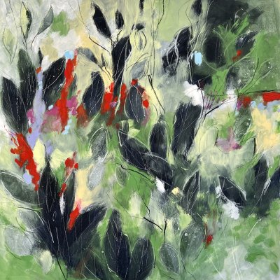 ACRILICO SU TELA ALESSANDRO ANDREUCCETTI ' FOGLIE E BACCHE ROSSE ' dimensioni L 60 x H 60 cm.