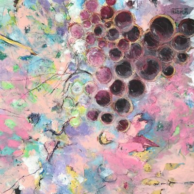 ACRILICO SU TELA ALESSANDRO ANDREUCCETTI ' GIOCHI DI LUCE TRA I GRAPPOLI D 'UVA ' dimensioni L 60 x H 60 cm.