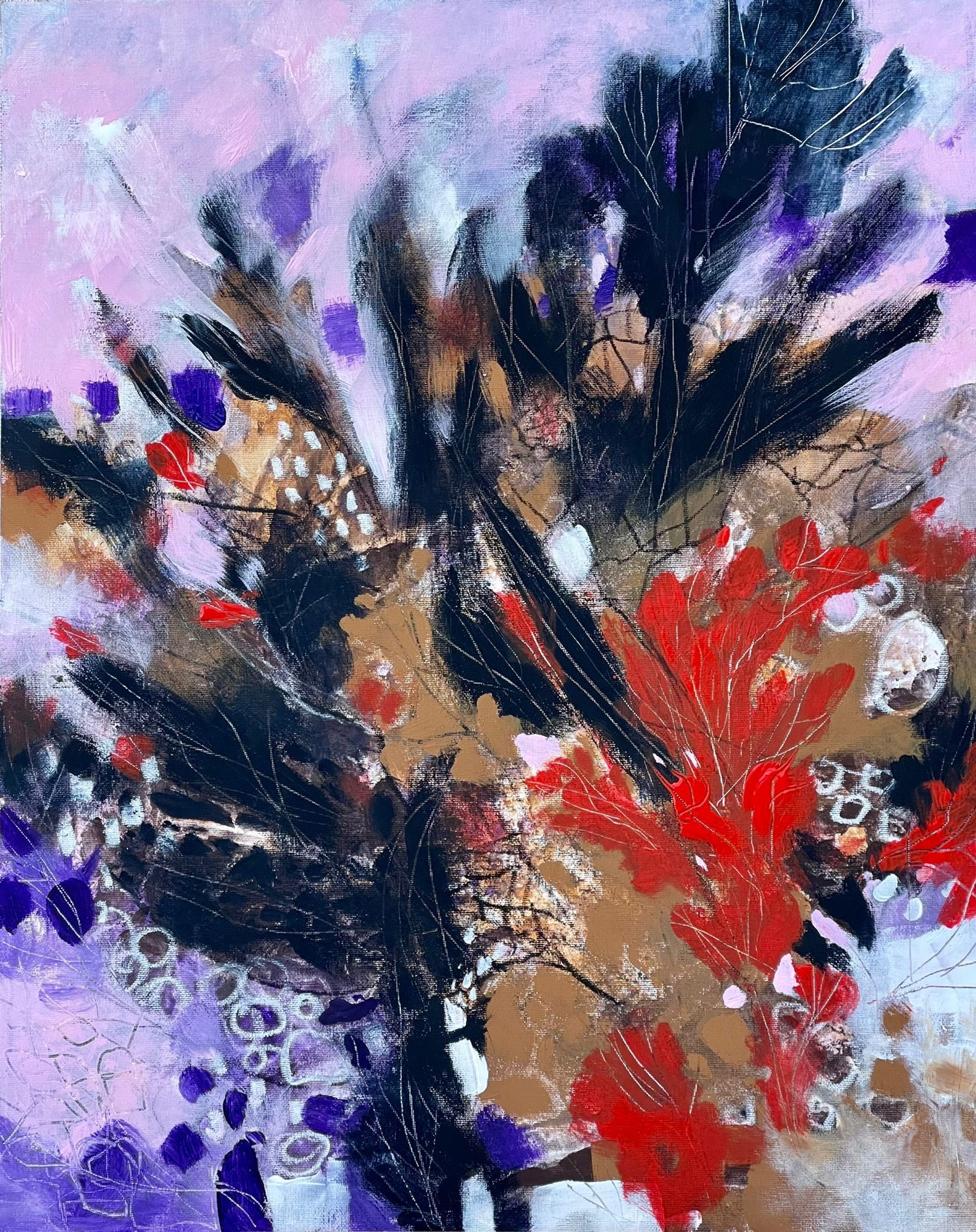 ACRILICO SU TAVOLA  ALESSANDRO ANDREUCCETTI ' ABSTRACT NATURE WITH RED FLOWERS '  dimensioni L 40 x H 50 cm.