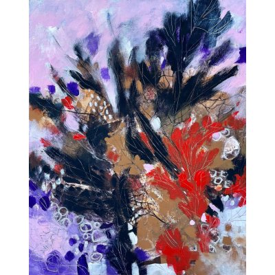 ACRILICO SU TAVOLA ALESSANDRO ANDREUCCETTI ' ABSTRACT NATURE WITH RED FLOWERS ' dimensioni L 40 x H 50 cm.