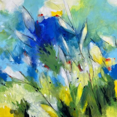 ACRILICO SU TELA ALESSANDRO ANDREUCCETTI ' FIORI SOTTO IL CIELO DI PRIMAVERA ' dimensioni L 60 x H 60 cm.