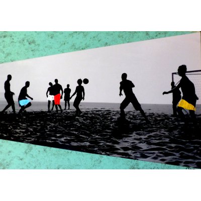 MIXED MEDIA FERNANDO TAM ' CALCI SULLA SABBIA ' dimensioni L 70 x H 100 cm.