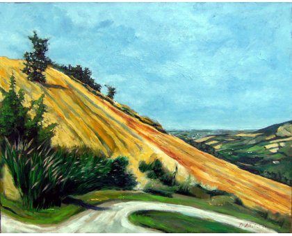 OLIO SU TELA DANIELE ALBATICI ' ROCCA DELLE CAMINATE CAMPO DI GRANO ' dimensioni L 35 x H 28 cm.