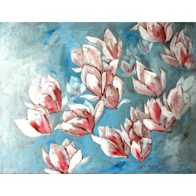 OLIO SU TELA DANIELE ALBATICI ' FIORI DI MAGNOLIA GIAPPONESE ' dimensioni L 45 x H 35 cm.