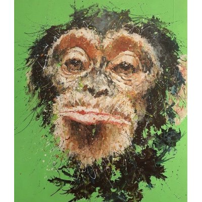 MIXED MEDIA SU TAVOLA SIMONA FUMAGALLI ' SCIMPANZE' NEL VERDE ' dimensioni L 110 x H 130 cm.