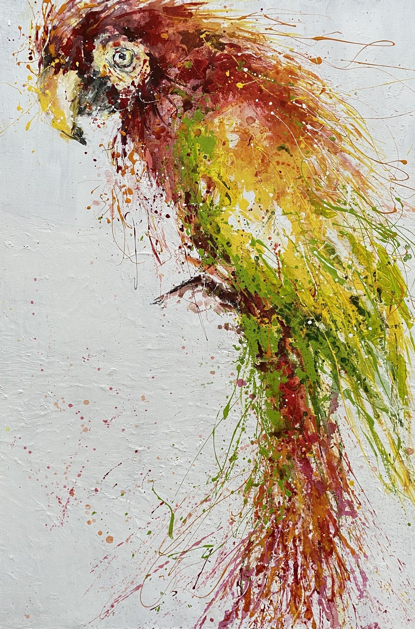 MIXED MEDIA SU TAVOLA  SIMONA FUMAGALLI ' PARROT '  dimensioni L 80 x H 120 cm.