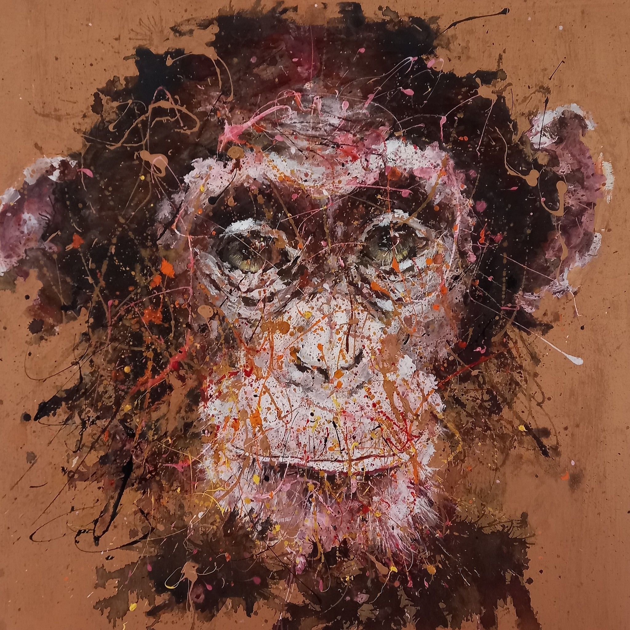 MIXED MEDIA SU TAVOLA  SIMONA FUMAGALLI ' SCIMPANZE' '  dimensioni L 90 x H 90 cm.