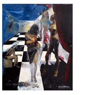 MIXED MEDIA SU TAVOLA EZIO RANALDI ' SOSPENSIONE ' dimensioni L 47 x H 59 cm.