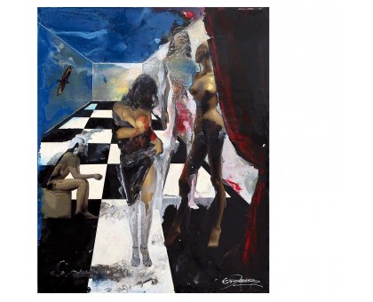 MIXED MEDIA SU TAVOLA EZIO RANALDI ' SOSPENSIONE ' dimensioni L 47 x H 59 cm.