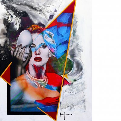 MIXED MEDIA SU TELA EZIO RANALDI ' IL TRIANGOLO ' dimensioni L 75 x H 100 cm.