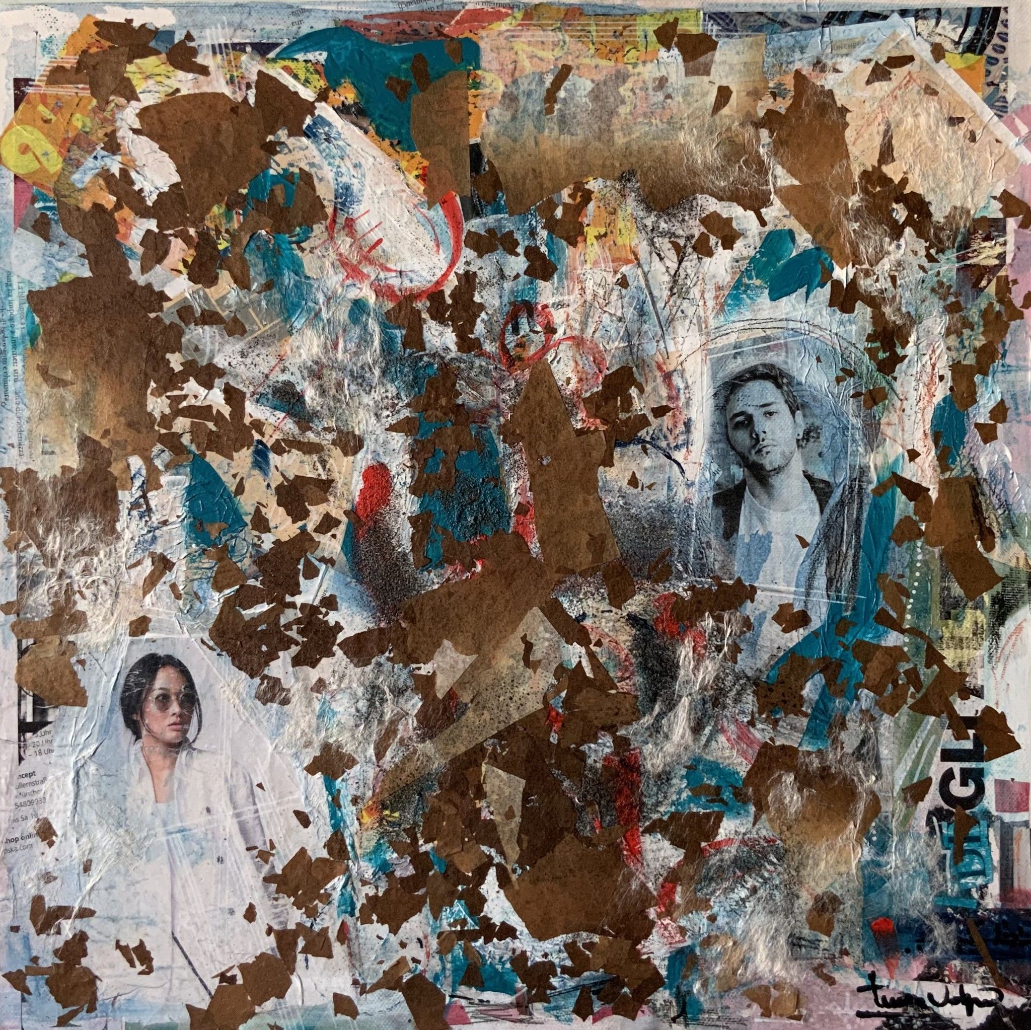COLLAGE SU TELA  TERESA VOLPE ' FRAMMENTI '   dimensioni L 40 x H 40 cm.