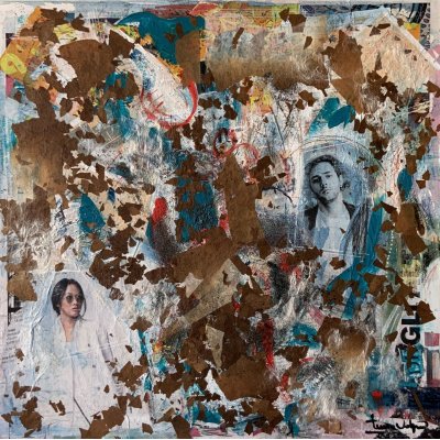 COLLAGE SU TELA TERESA VOLPE ' FRAMMENTI ' dimensioni L 40 x H 40 cm.