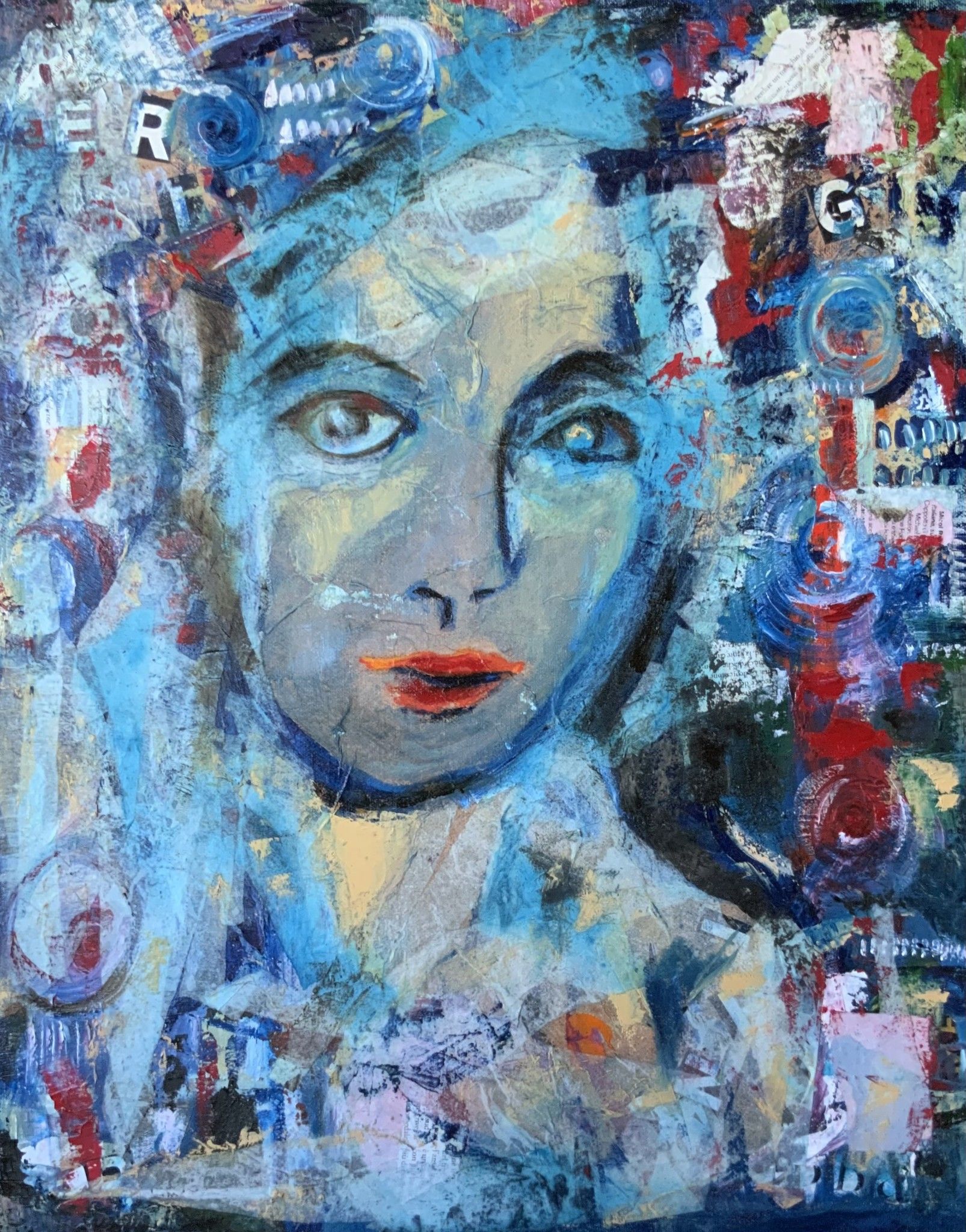 COLLAGE SU TELA  TERESA VOLPE ' RITRATTO URBANO '  dimensioni L 40 x H 50 cm.