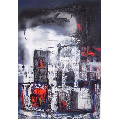 MIXED MEDIA SU TELA GIORGIO BONGIORNI ' IL VOLO SULLA CITTA' ' dimensioni L 41,5 x H 71,5 cm.