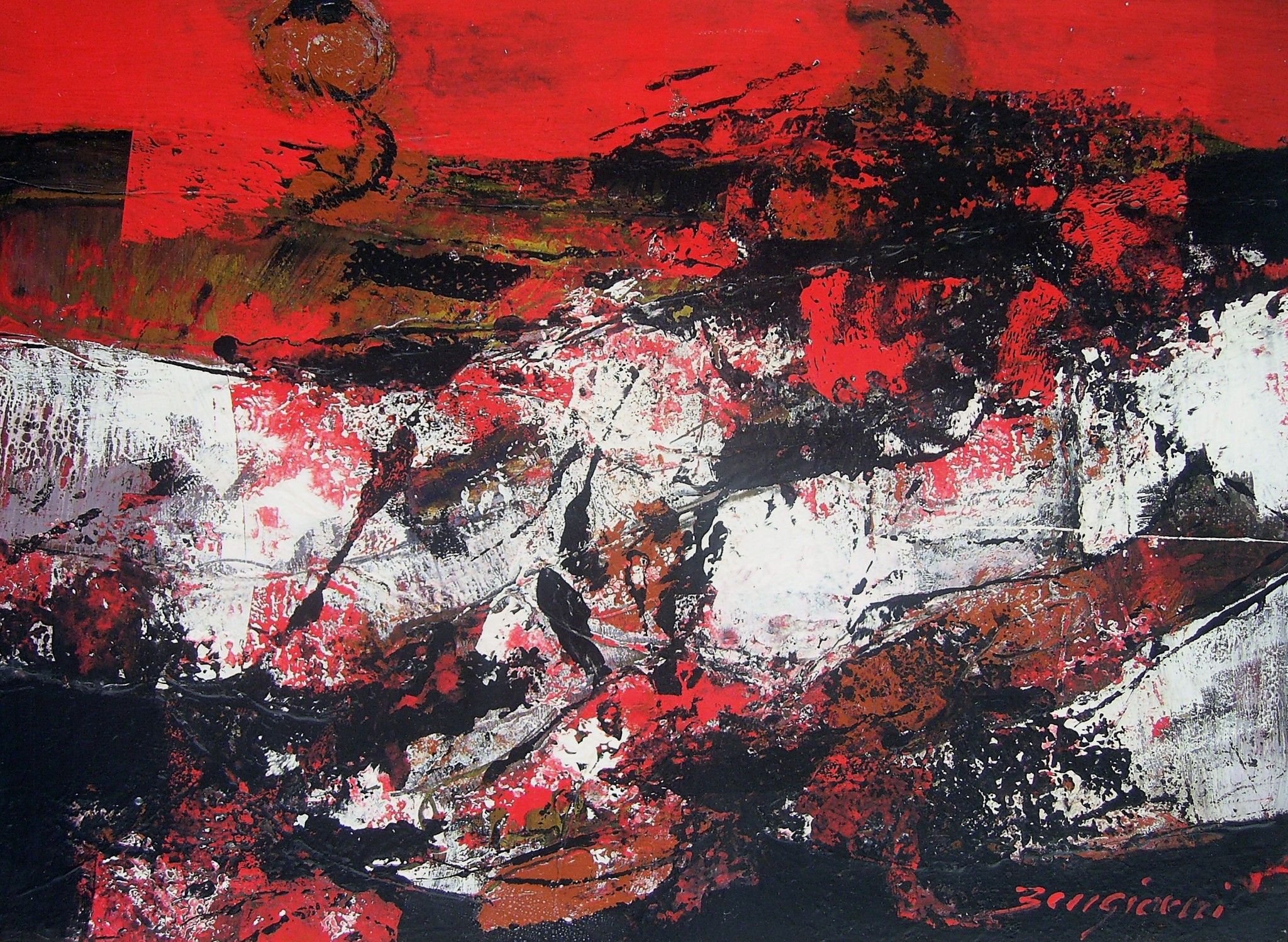 OLIO SU CARTONE  GIORGIO BONGIORNI ' PAESAGGIO ROSSO '  dimensioni L 70 x H 50 cm.