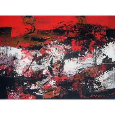 OLIO SU CARTONE GIORGIO BONGIORNI ' PAESAGGIO ROSSO ' dimensioni L 70 x H 50 cm.