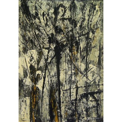 OLIO SU MAZONITE GIORGIO BONGIORNI ' NEVICATA NEL BOSCO ' dimensioni L 51 x H 71 cm.