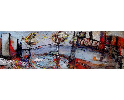 SMALTO SU TAVOLA GIORGIO BONGIORNI ' PAESAGGIO URBANO ' dimensioni L 120,5 x H 35,5 cm.