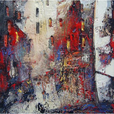 MIXED MEDIA SU POLISTERENE GIORGIO BONGIORNI ' PAESAGGIO DI PERIFERIA ' dimensioni L 60 x H 60 cm.