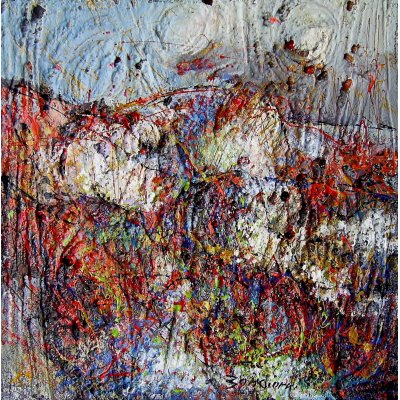 MIXED MEDIA SU POLISTERENE GIORGIO BONGIORNI ' COLORI NEL PAESAGGIO ' dimensioni L 60 x H 60 cm.