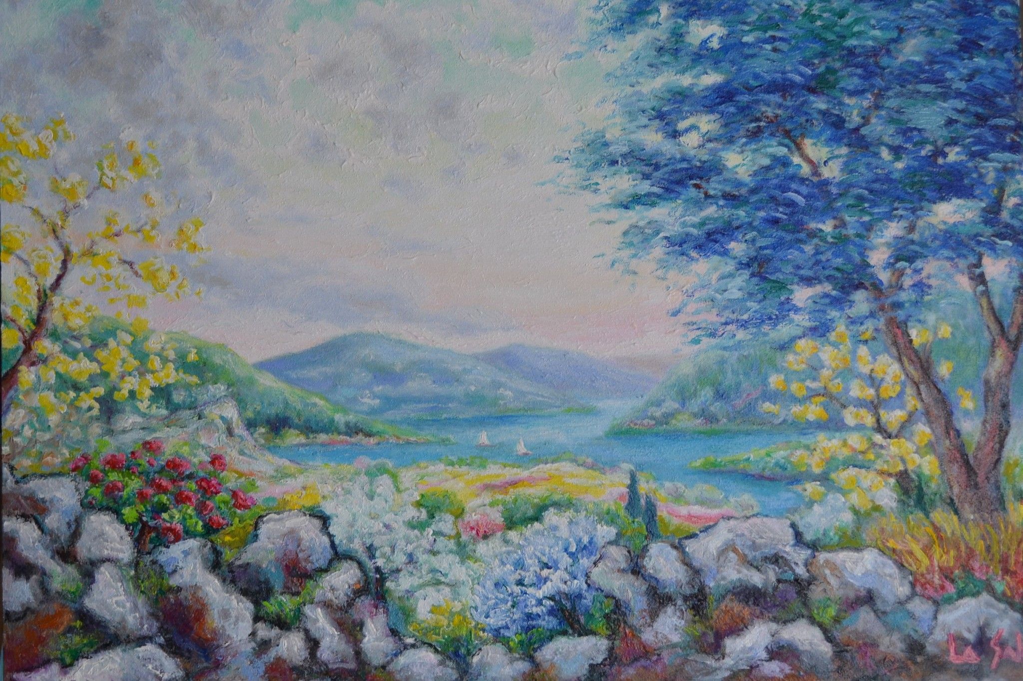 OLIO SU TELA  MICHELE LA SALA ' PAESAGGIO DI MONTAGNA  '  dimensioni L 70 x H 100 cm.