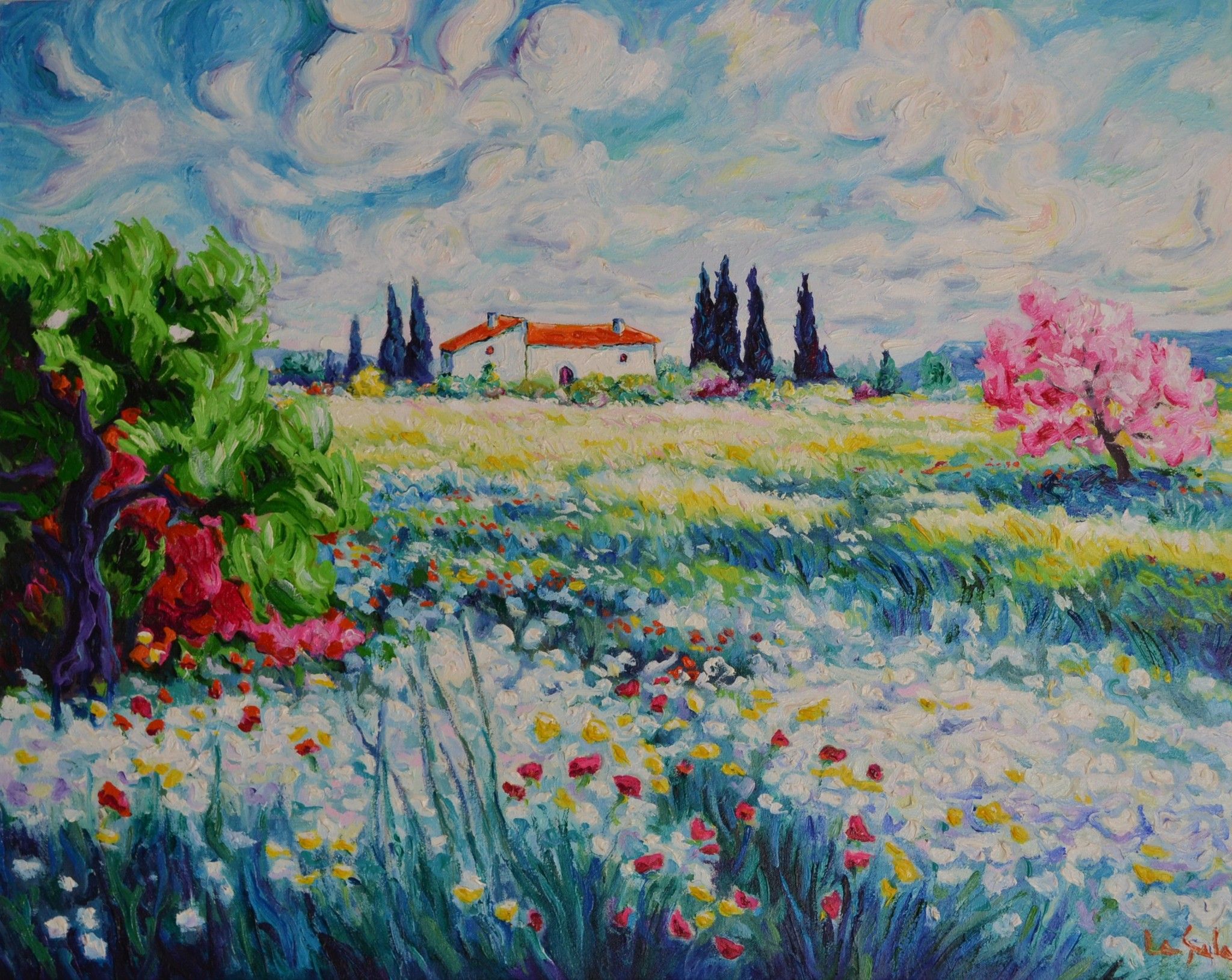 OLIO SU TELA  MICHELE LA SALA ' PAESAGGIO DI PRIMAVERA 1 '  dimensioni L 80 x H 100 cm.
