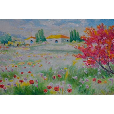 OLIO SU TAVOLA MICHELE LA SALA ' PAESAGGIO IN FIORE ' dimensioni L 42 x H 57 cm.