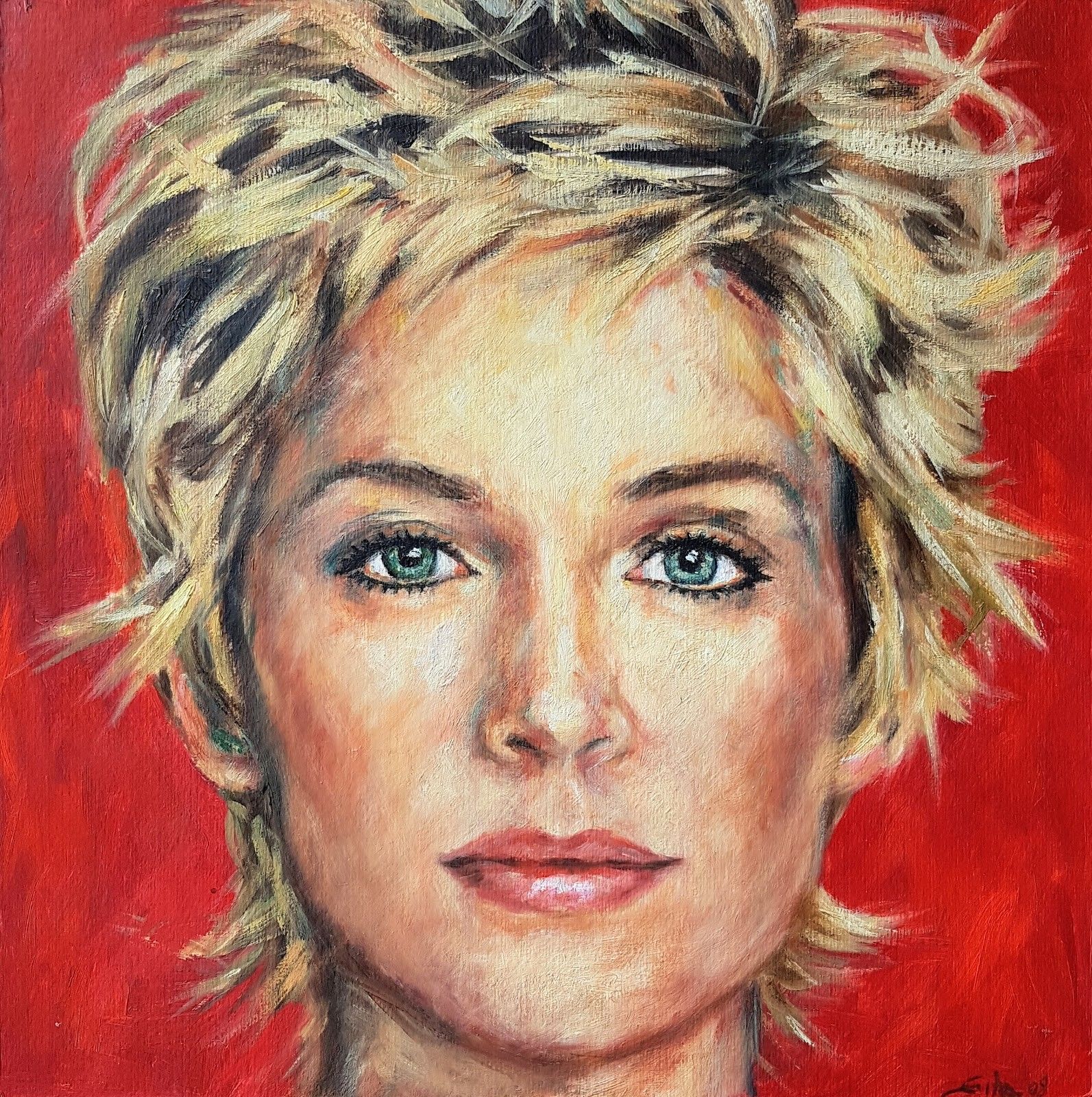 OIL ON WOOD  FRANCA SILVA " SHARON STONE "  size  L 30 x H 30 cm.