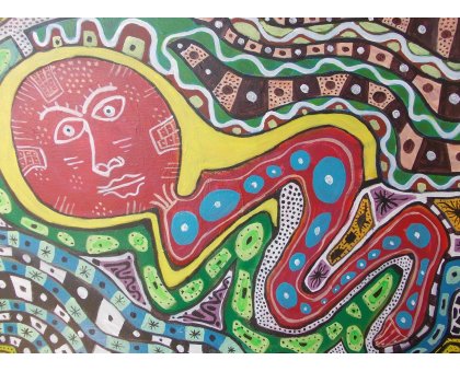 ACRILICO SU TAVOLA MAURO BENEDETTI ' KAOS ANTROPOLOGICO ' dimensioni L 50 x H 70 cm.