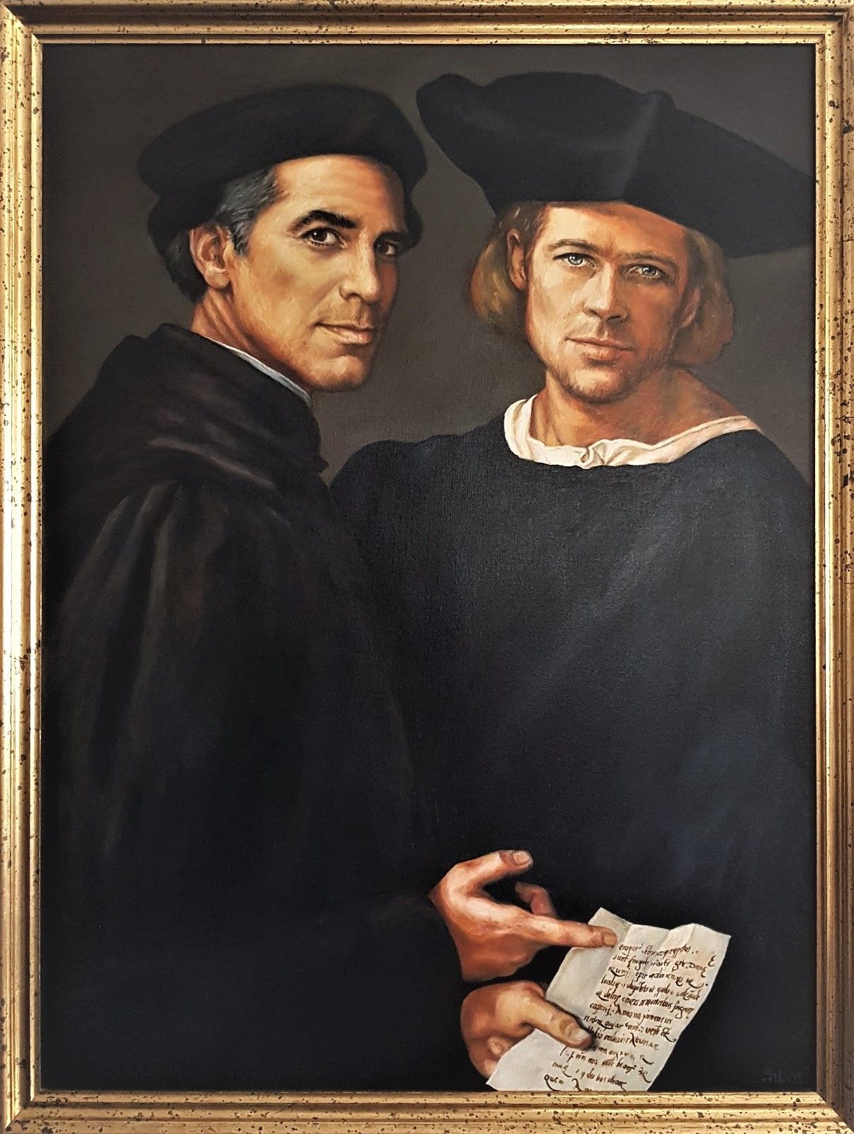 OIL ON CANVAS  FRANCA SILVA " GEORGE CLOONEY E BRAD PITT CITAZIONE DAL PONTORMO "  size  L 100 x H 75 cm.