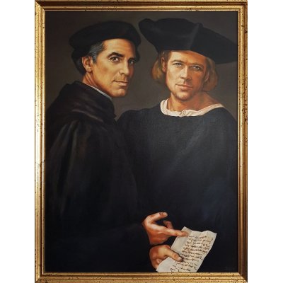 OLIO SU TELA FRANCA SILVA ' GEORGE CLOONEY E BRAD PITT CITAZIONE DAL PONTORMO ' dimensioni L 100 x H 75 cm.