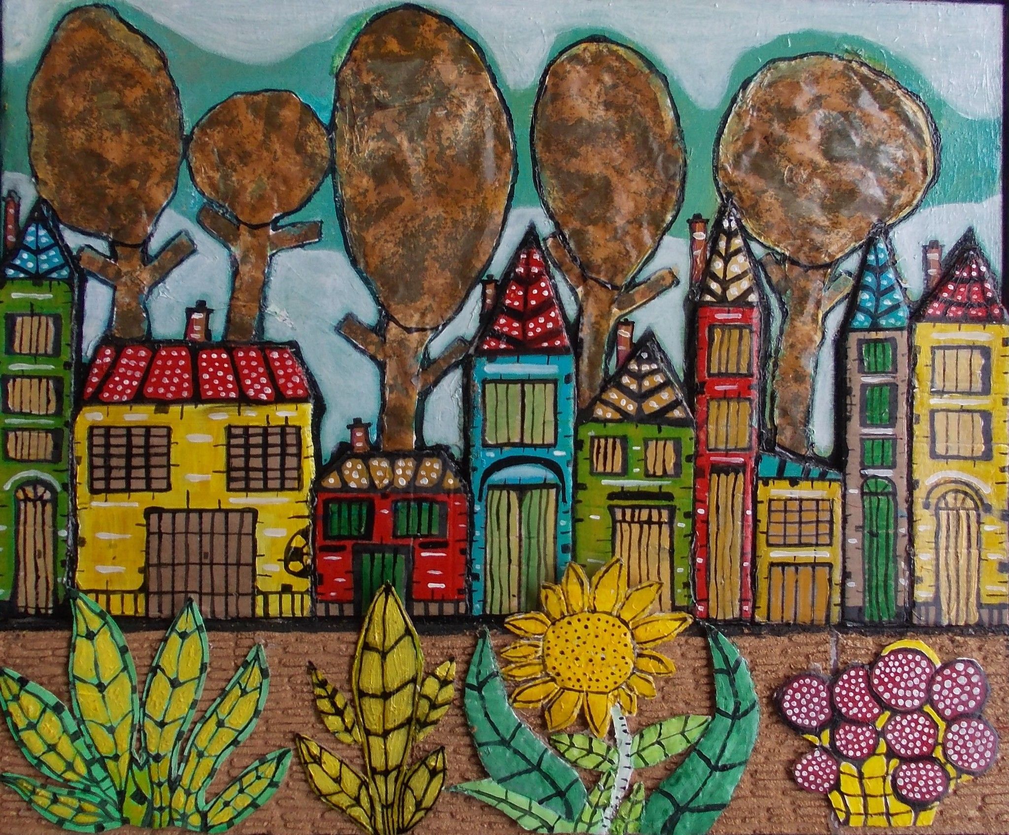 MIXED MEDIA SU TELA  MAURO BENEDETTI ' CASE CON ALBERI '  dimensioni L 50 x H 60 cm.