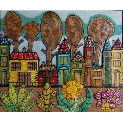 MIXED MEDIA SU TELA MAURO BENEDETTI ' CASE CON ALBERI ' dimensioni L 50 x H 60 cm.