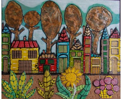 MIXED MEDIA SU TELA MAURO BENEDETTI ' CASE CON ALBERI ' dimensioni L 50 x H 60 cm.