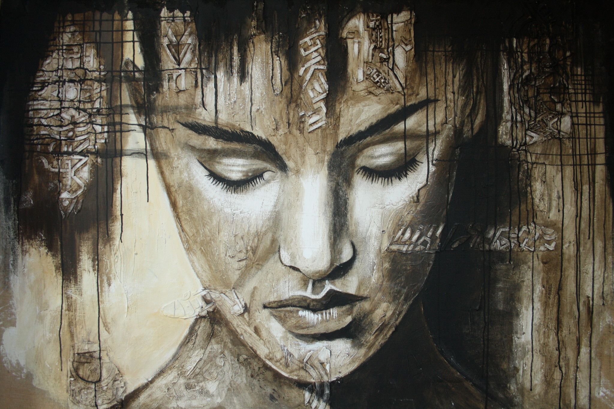 ACRILICO SU JUTA  MARIANO CARRARA ' MEDITAZIONE ' dimensioni L 160 x H 110 cm.