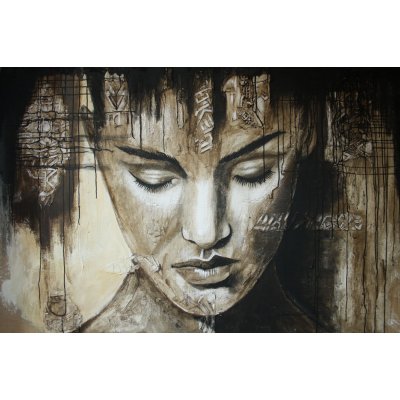 ACRILICO SU JUTA MARIANO CARRARA ' MEDITAZIONE ' dimensioni L 160 x H 110 cm.