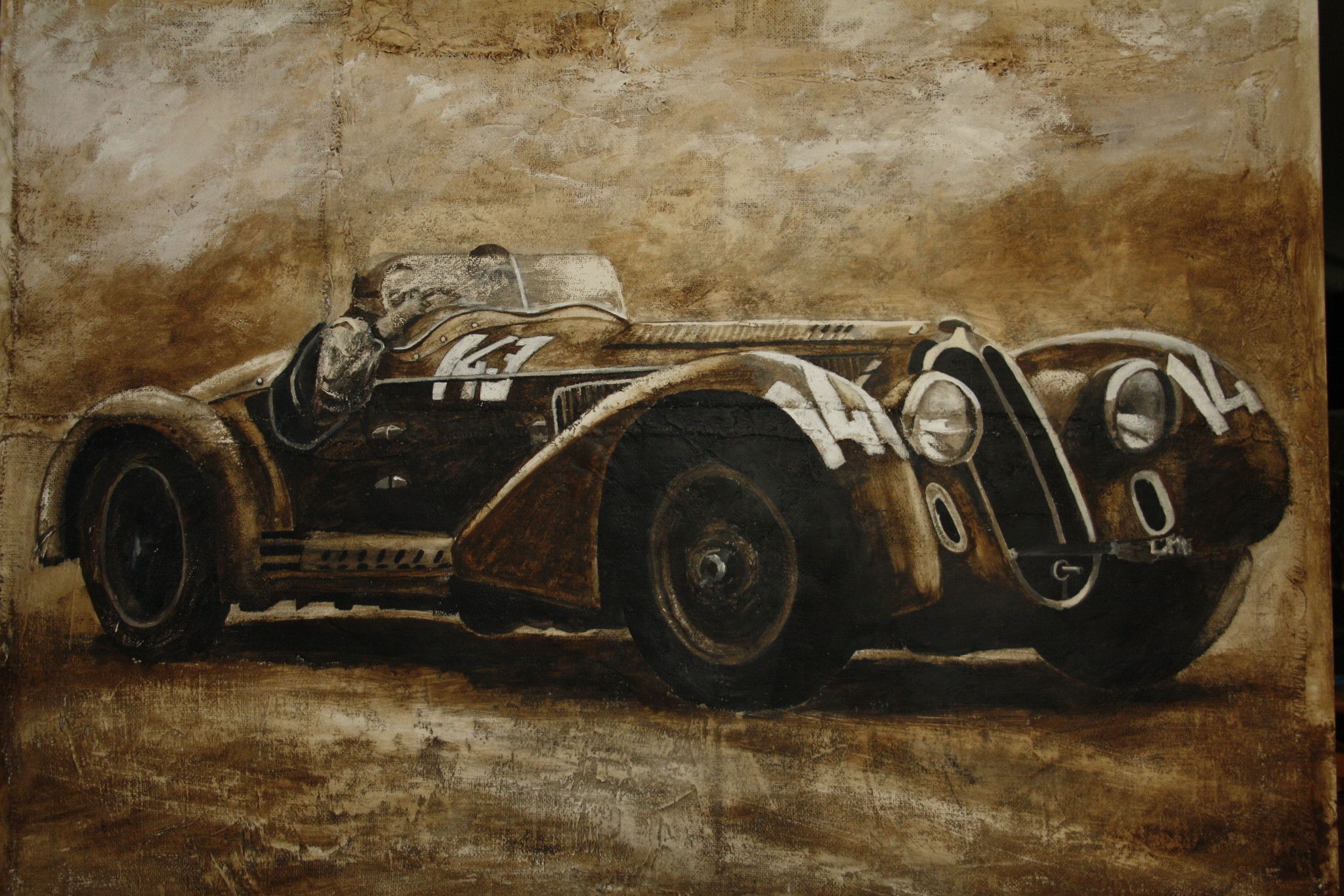 ACRYLIC ON JUTE  MARIANO CARRARA ' MILLE MIGLIA ALFA ROMEO SPIDER  '   size  L 138 x H 100 cm.