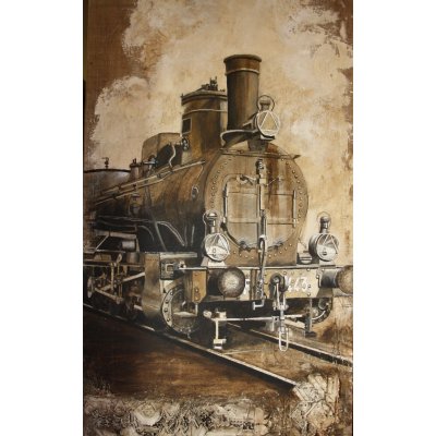 ACRILICO SU JUTA MARIANO CARRARA ' LOCOMOTIVE DI GUERRA ' dimensioni L 100 x H 180 cm.