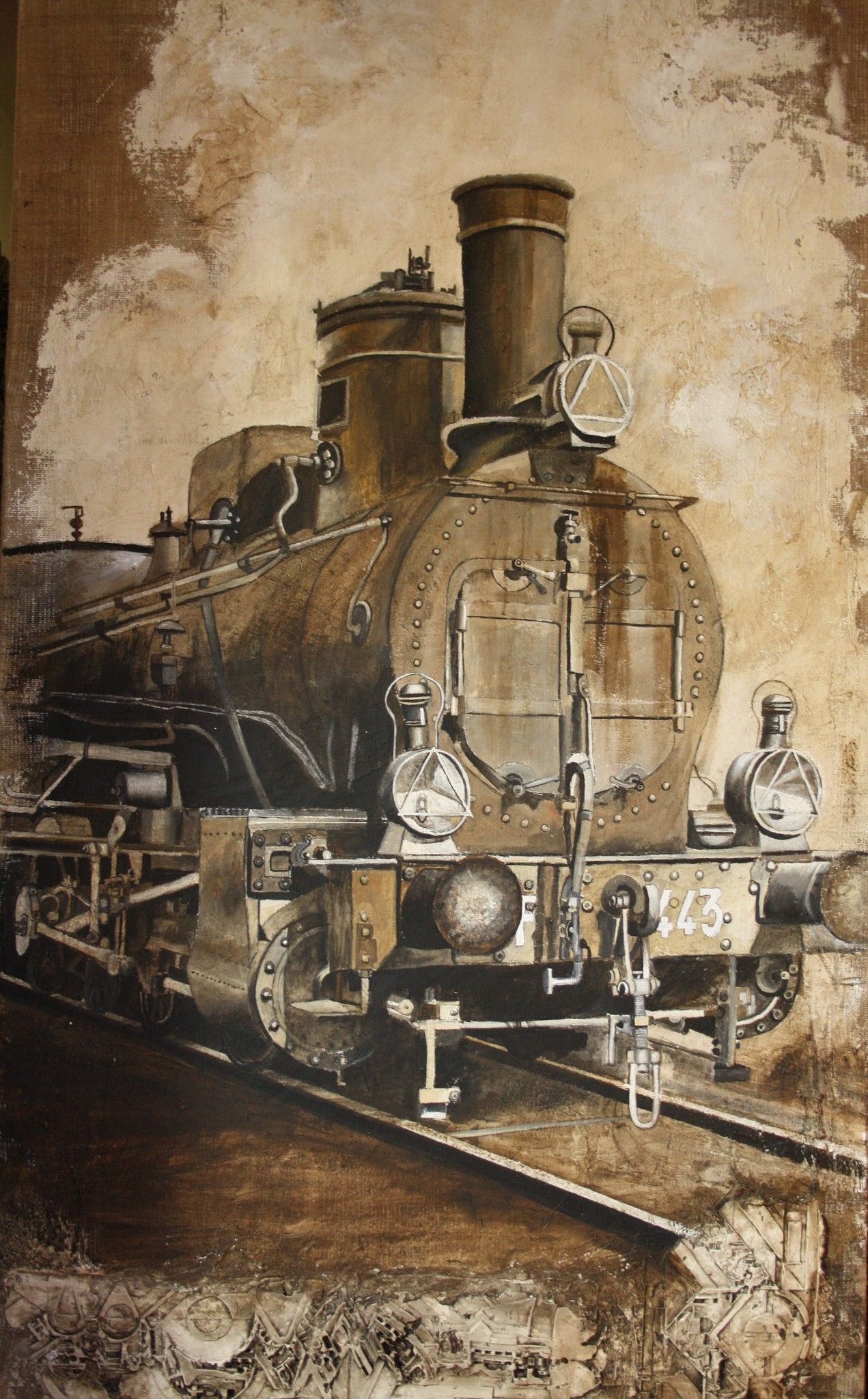 ACRYLIC ON JUTE  MARIANO CARRARA ' LOCOMOTIVE DI GUERRA '  size   L 100 x H 180 cm.